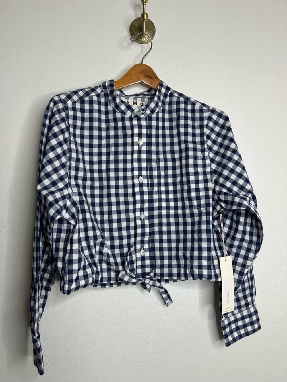NWT AMO Rosalind Shirt Blue Navy Checkered Cropped Button Down Shirt Small - Picture 2 of 14
